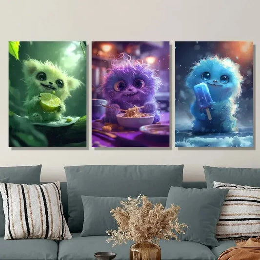 3pcs happy little monster eating noodles Metal Print Ready to Hang Art