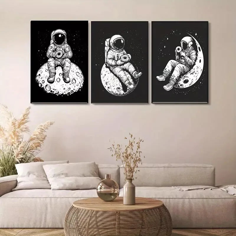3pcs Astronaut on Moon in black and white Wall Art Set Canvas Framed 40x60cm - High Quality Print 100% Australian Made Wall Canvas Ready to Hang
