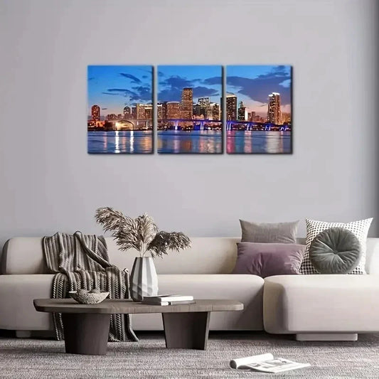 3pcs Miami Beach Skyline Night Cityscape Metal Print Ready to Hang Art
