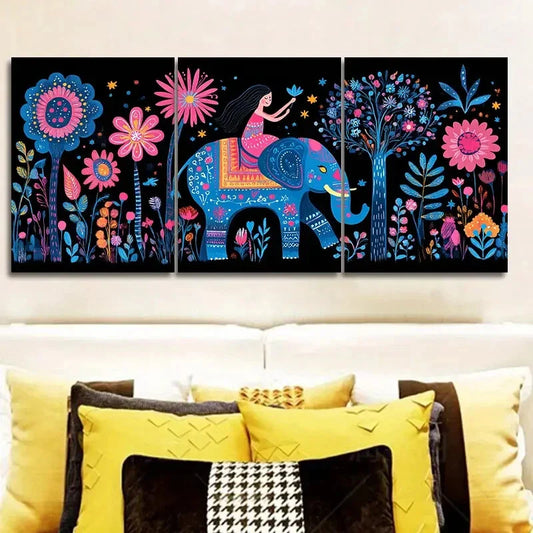 3pcs Elephant and Baby, Luxurious Metal Print Ready to Hang Art