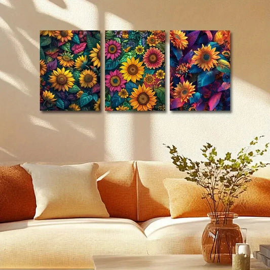 3pcs Vibrant Sunflower Design Metal Print Ready to Hang Art