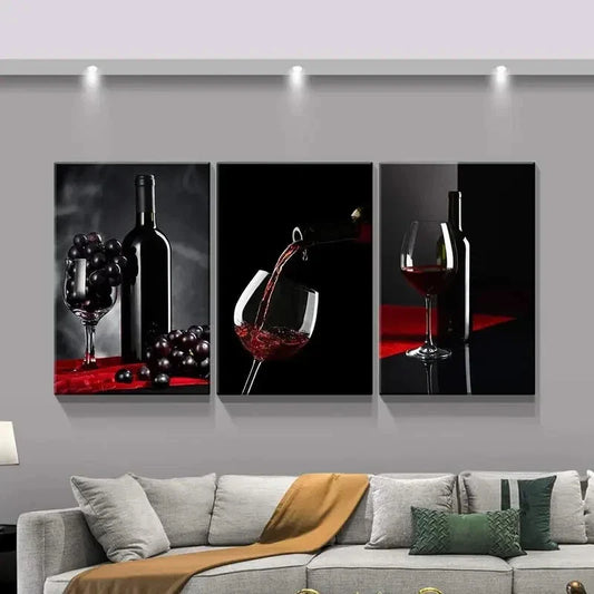 3pcs Red Wine & Glass Theme Metal Print Ready to Hang Art
