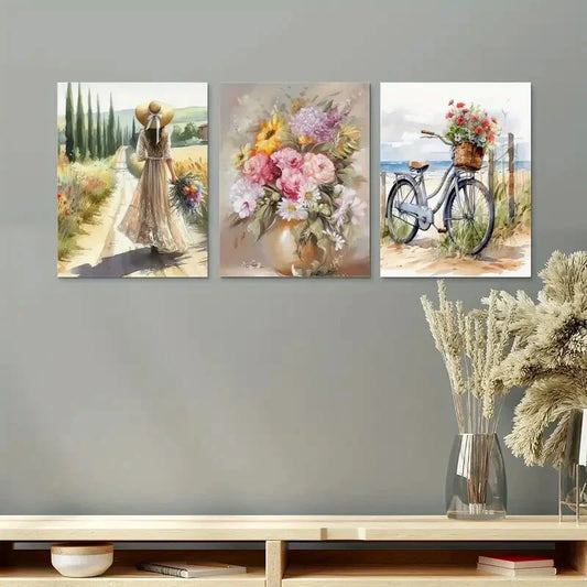 3pcs Pastoral Bicycle Landscape Metal Print Ready to Hang Art