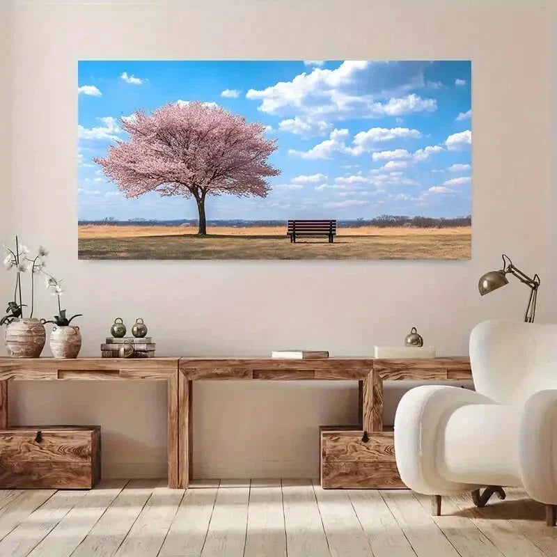 Cherry Blossom Bench Sky wall canvas office home room framed 120x60cm