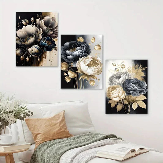 3pcs Roses, White, Golden, and Black Rose Bouquet Metal Print Ready to Hang Art