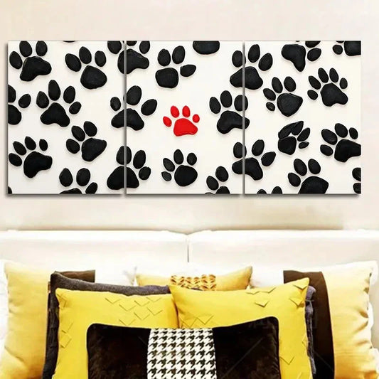3pcs Black White Dog Paw Prints with Red Accent Wall Art Set Canvas Framed 40x60cm - High Quality Print 100% Australian Made Wall Canvas Ready to Hang