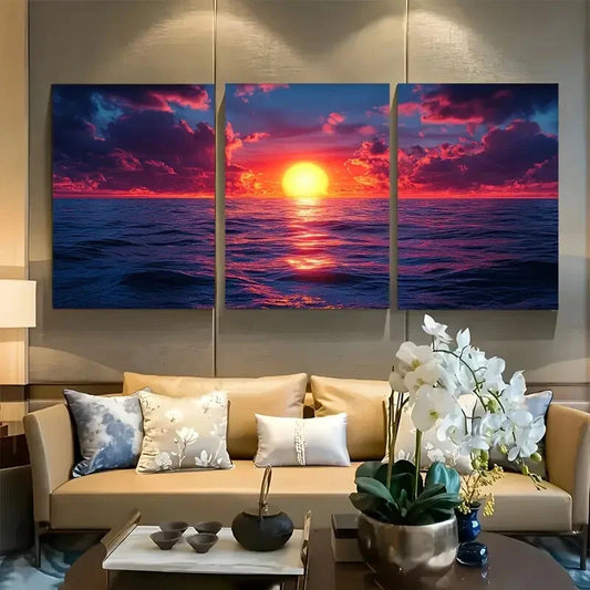 3pcs Red Sun at Sunset with Ocean Scene Metal Print Ready to Hang Art
