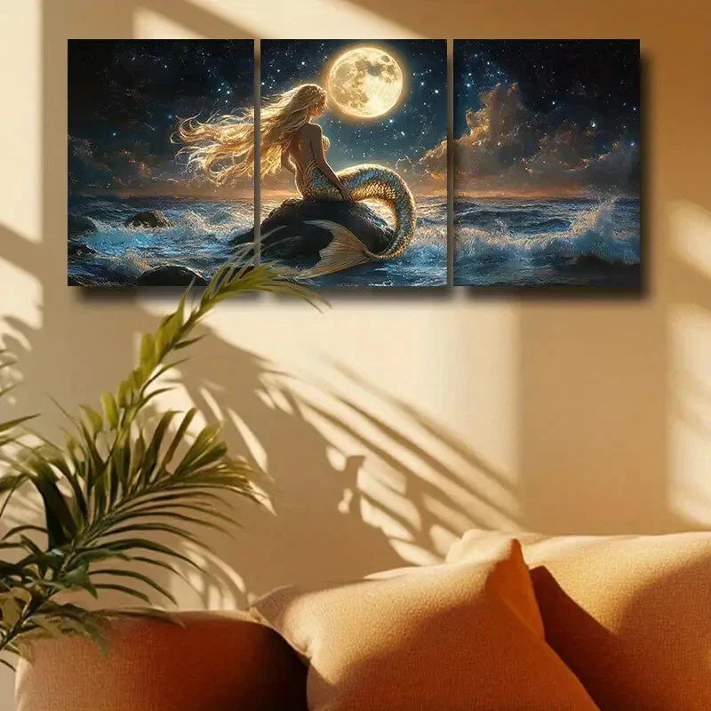 3pcs Enchanting Mermaid in the Moonlight Metal Print Ready to Hang Art