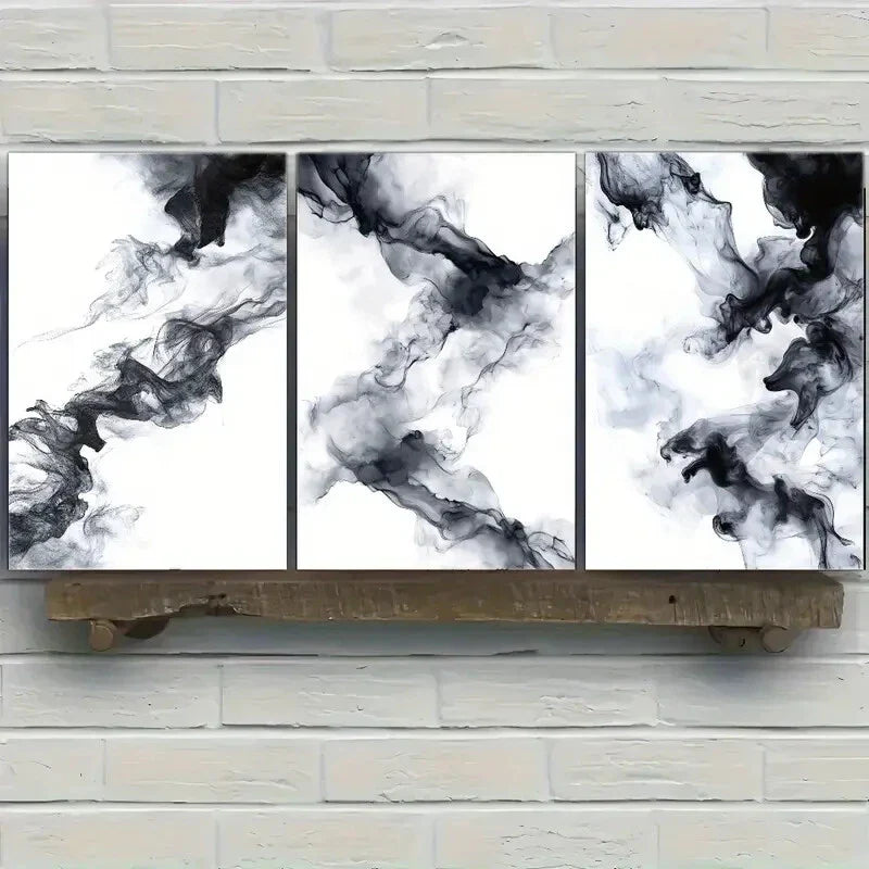 3pcs Black and White Abstract Ink Wall Art Metal Print Ready to Hang Art