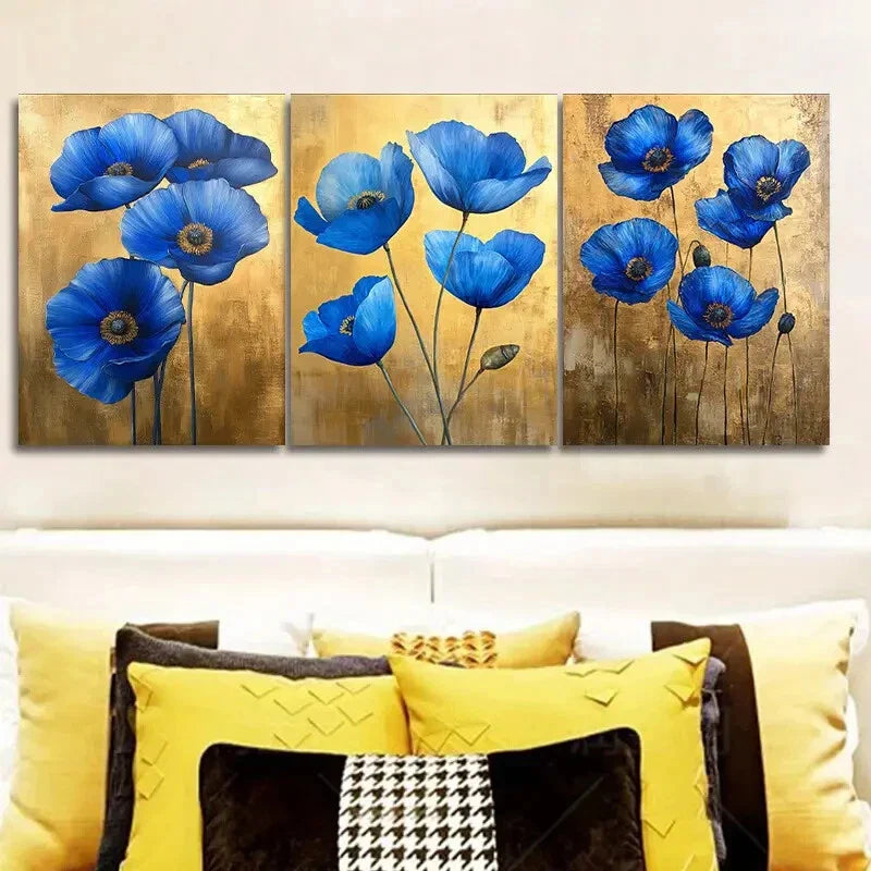 3pcs The blue poppy in Golden leaf Metal Print Ready to Hang Art
