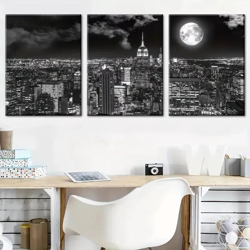 3pcs Black And White Night City Architecture Wall Art Set Canvas Framed 40x60cm - High Quality Print 100% Australian Made Wall Canvas Ready to Hang