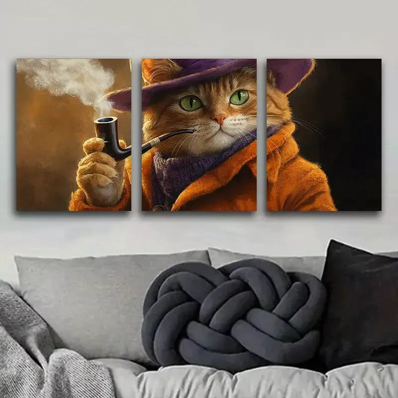3pcs A Cat With A Pipe Smoke Orange Cat Wall Art Set Canvas Framed 40x60cm - High Quality Print 100% Australian Made Wall Canvas Ready to Hang
