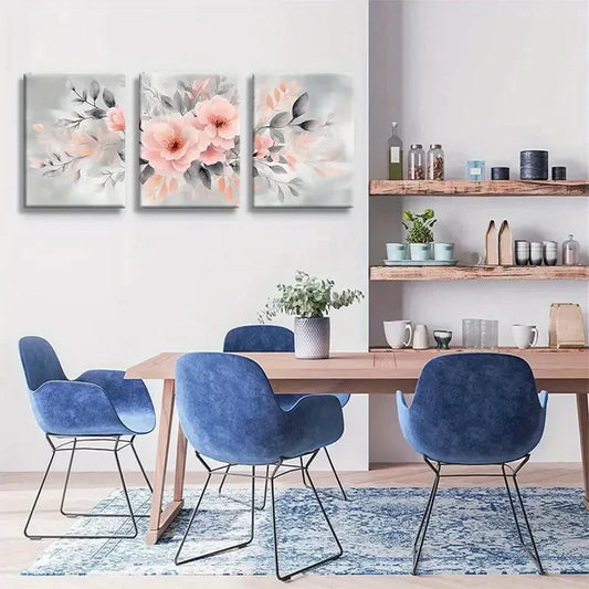 3pcs Elegant Pink Floral Rose Bloom Wall Art Metal Print Ready to Hang Art