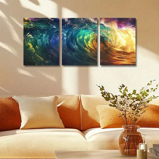 3pcs Modern Vibrant Abstract Ocean Waves Metal Print Ready to Hang Art