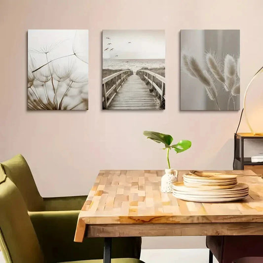 3pcs Coastal Sunset & Beach Pier Scenery Metal Print Ready to Hang Art