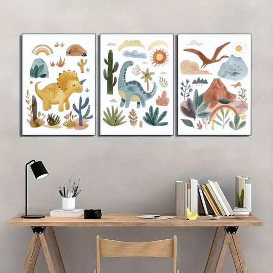 3pcs Triceratops Pterosaur Brontosaurus Cactus Metal Print Ready to Hang Art