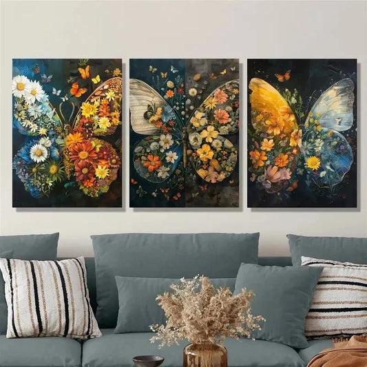 3pcs Butterflies and flowers, botanical flowers, Metal Print Ready to Hang Art