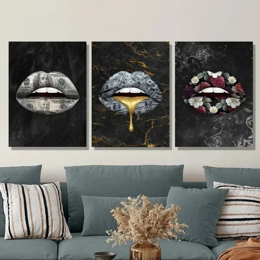 3pcs Money lips creative poster, golden expensive Metal Print Ready to Hang Art