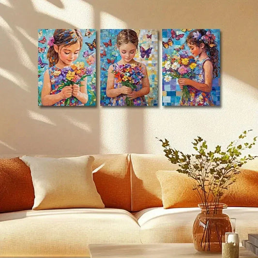 3pcs Vibrant Butterfly & Flower Girl Metal Print Ready to Hang Art