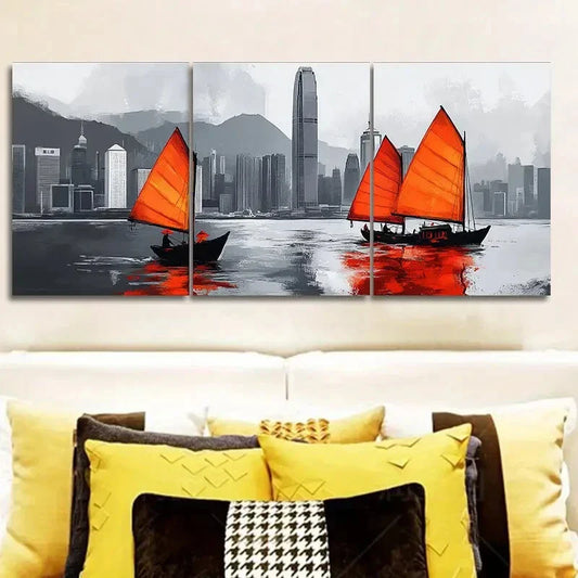 3pcs Featuring The Hong Kong Harbor Wall Art Set Canvas Framed 40x60cm - High Quality Print 100% Australian Made Wall Canvas Ready to Hang