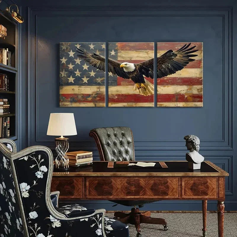3pcs Vintage American Flag & Bald Eagle Metal Print Ready to Hang Art