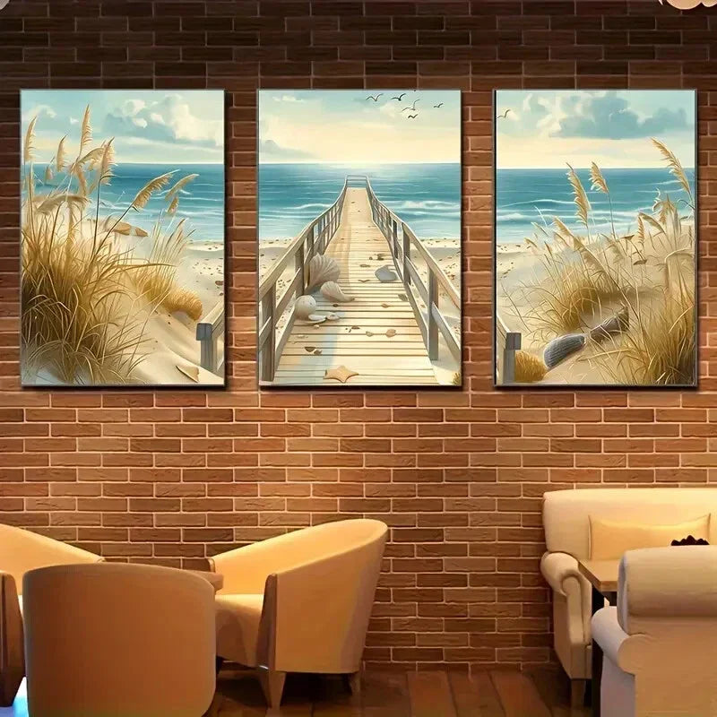 3pcs Beach Sand Dunes & Pier Scenic Metal Print Ready to Hang Art