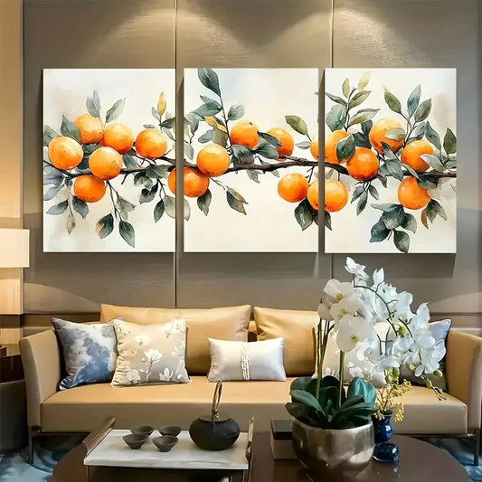 3pcs Minimalist Orange Branch with Leaves Metal Print Ready to Hang Art