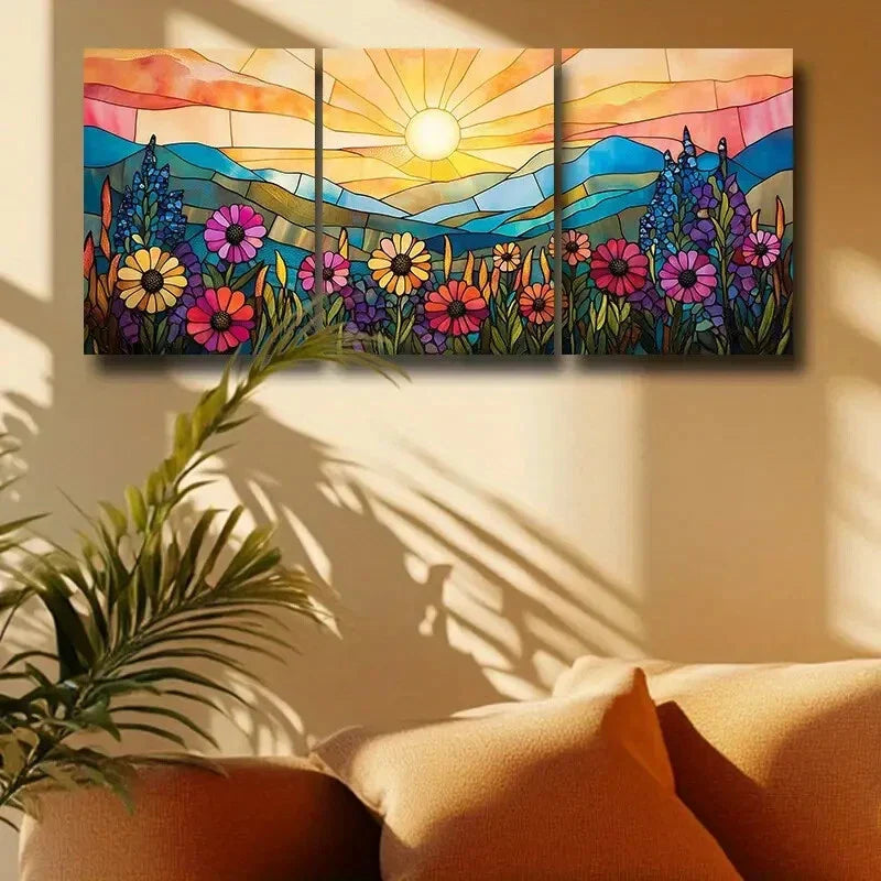 3pcs Sun, Mountain, and Florals view Design Metal Print Ready to Hang Art