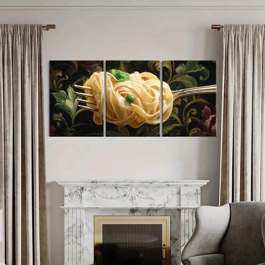 3pcs Fork Twirling Pasta with Peas Artistic Floral Metal Print Ready to Hang Art