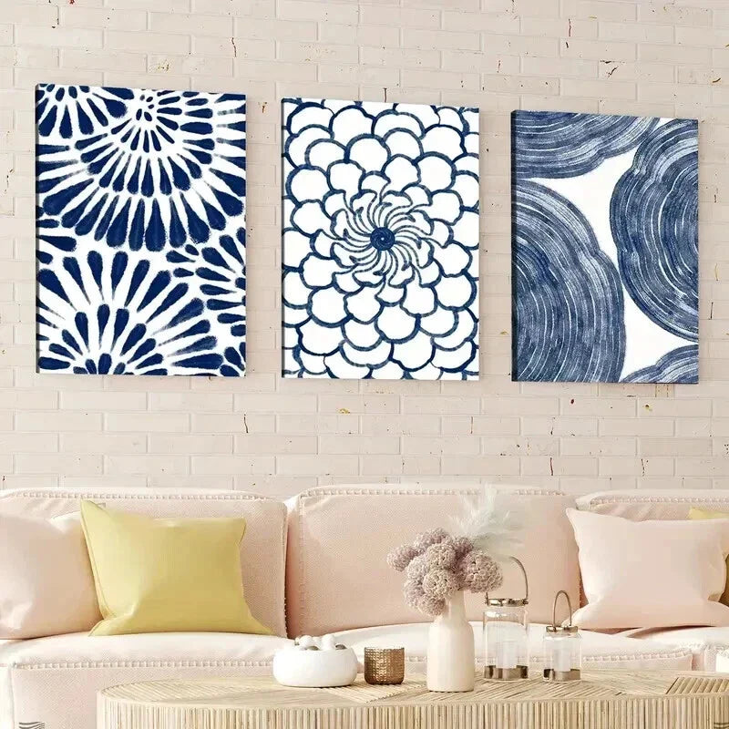 3pcs Abstract Geometric Navy Blue Floral Design Wall Art Set Canvas Framed 40x60cm - High Quality Print 100% Australian Made Wall Canvas Ready to Hang