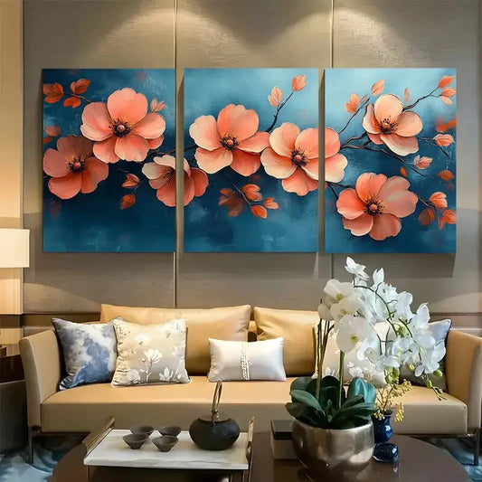 3pcs Boho Flowers in Blue Background Design Metal Print Ready to Hang Art