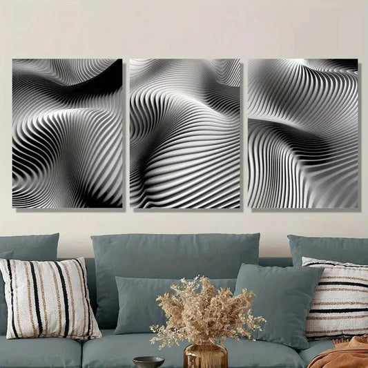 3pcs Black and White Abstract Twisted Metal Print Ready to Hang Art