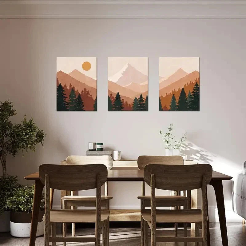 3pcs Abstract Sun Mountain Forest Metal Print Ready to Hang Art