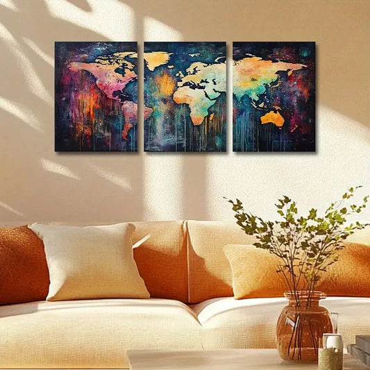 3pcs Colorful Watercolor World Map Design Metal Print Ready to Hang Art