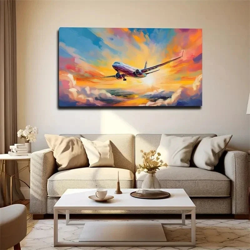Airplane Sunset Sky Deco Wall Art Canvas Office Home Room Framed 120x60cm