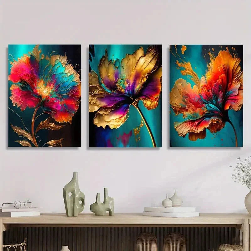 3pcs , Colorful flower art, gilt decorative Metal Print Ready to Hang Art