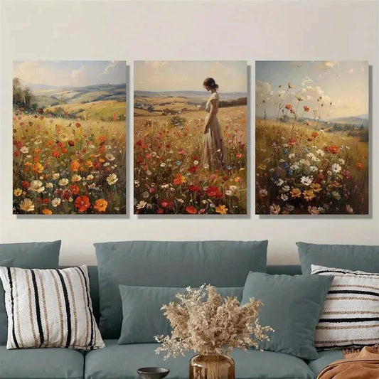 3pcs Vintage neutral landscape, Spring wildflower Metal Print Ready to Hang Art