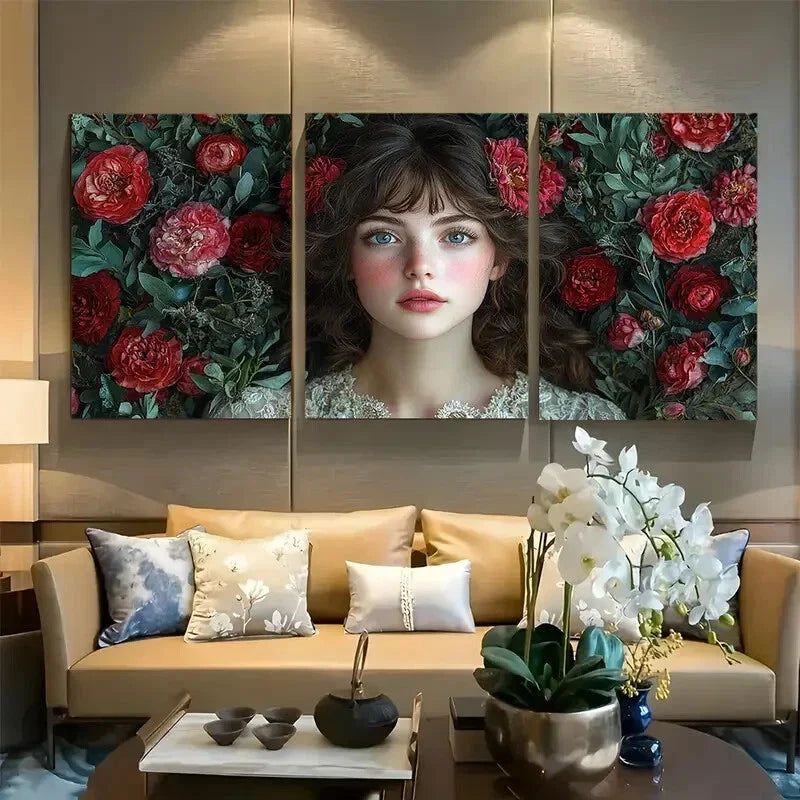 3pcs Persephone with Red Florals and Leaves Design Metal Print Ready to Hang Art