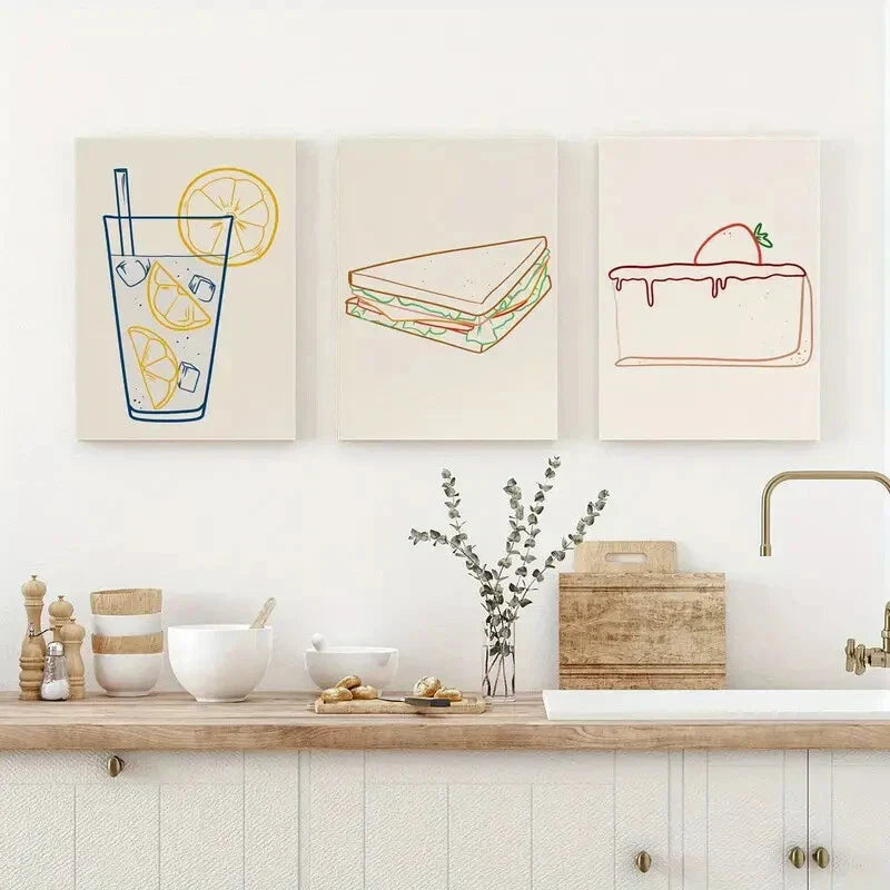 3pcs Kitchen Doodle and kitchen Dining Metal Print Ready to Hang Art