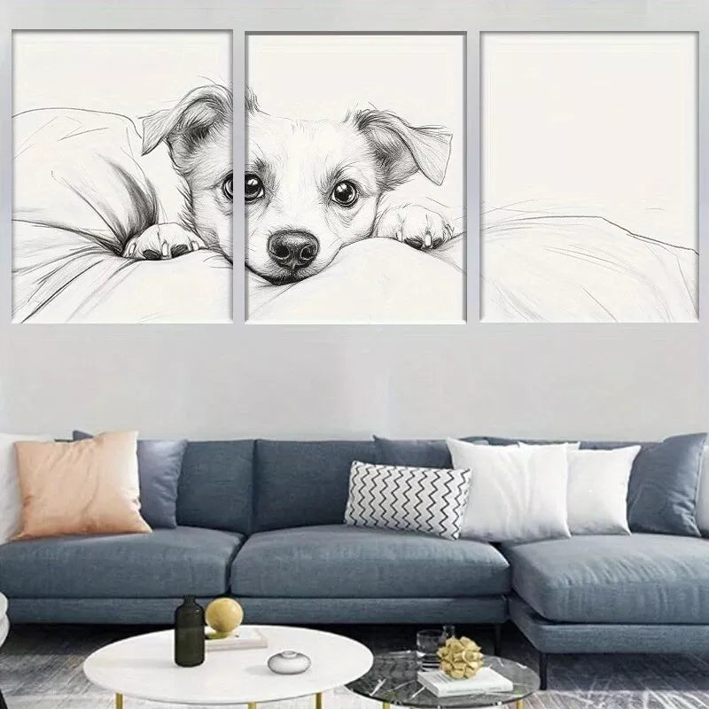 3pcs Adorable Puppy Black and White Sketch Wall Art Set Canvas Framed 40x60cm - High Quality Print 100% Australian Made Wall Canvas Ready to Hang