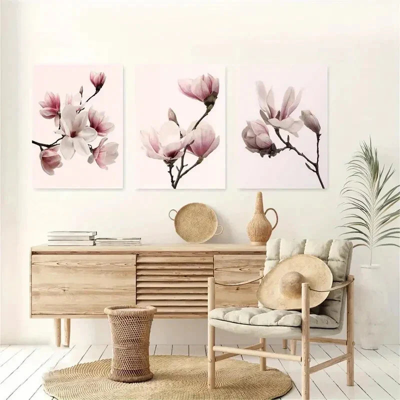 3pcs Pink Magnolia Flowers Design Metal Print Ready to Hang Art