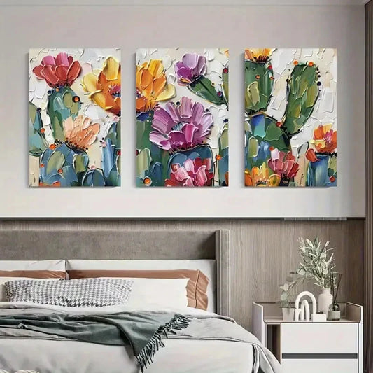 3pcs Vibrant Abstract Floral & Cactus Canvas Metal Print Ready to Hang Art