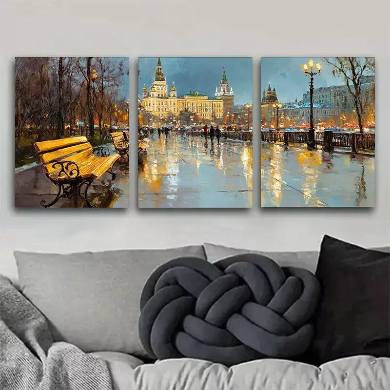 3pcs Moscow evening Streetscape Wrapped Wall Art Set Canvas Framed 40x60cm - High Quality Print 100% Australian Made Wall Canvas Ready to Hang
