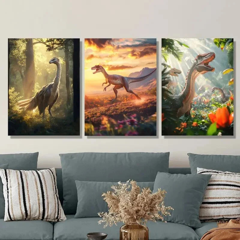3pcs Dinosaurs in Forest, Desert, and Jungle Metal Print Ready to Hang Art