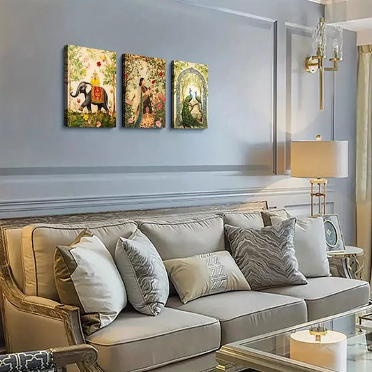 3pcs Woman in Garden, Peacock & Elephant Canvas Framed 40x60cm - High Quality Print 100% Australian Made Wall Canvas Ready to Hang