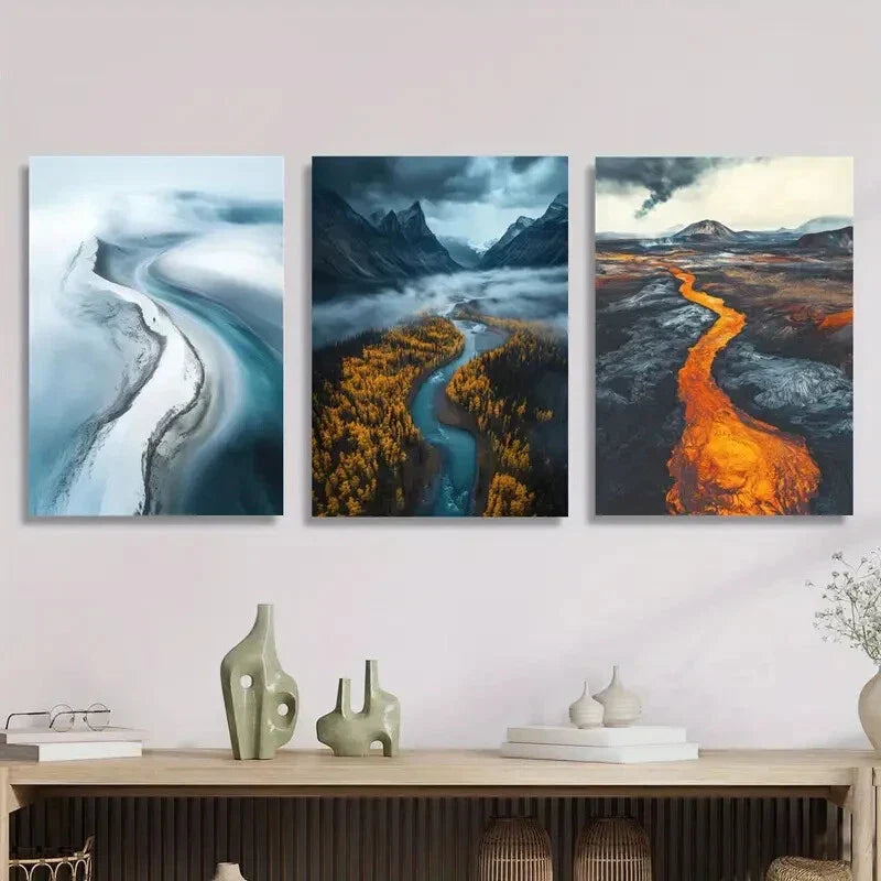 3pcs Aerial Views, a Glacier River Landscape Metal Print Ready to Hang Art