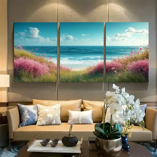 3pcs Beautiful Serene Ocean Wild Flowers Metal Print Ready to Hang Art