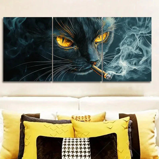 3pcs A Black Cat with Yellow Eyes Smoking Metal Print Ready to Hang Art