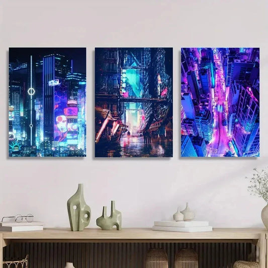 3pcs Vibrant Neon Futuristic Skylines, Modern Metal Print Ready to Hang Art
