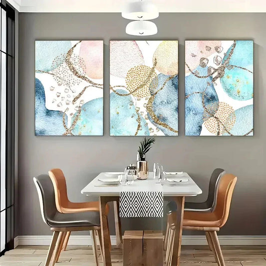 3pcs Abstract Vibrant Blue & Golden Geometric Metal Print Ready to Hang Art